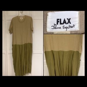 FLAX Engelhart vintage tan olive green linen maxi dress - Size Medium w pockets